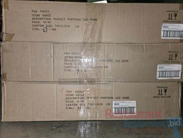 Brand-New Perfect Portions 3 oz Wine Glasses, 12 pcs per box, Model 90062, full case lot.