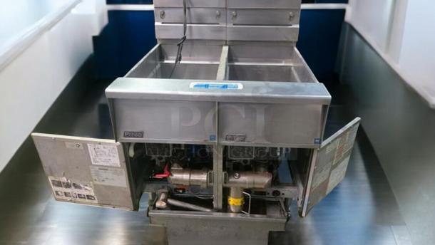 Pitco SSH55 gas deep fryer in outstanding condition, twin fryer model, 115V, fully tested, open access panels showing internal components.