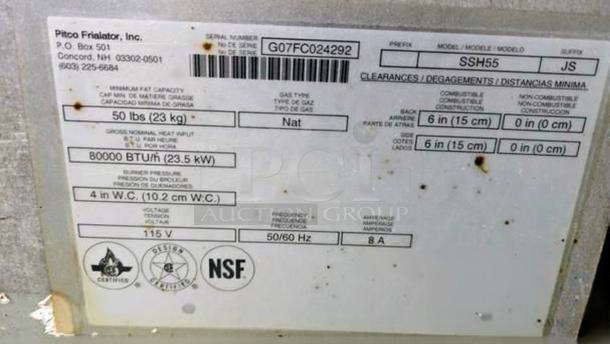 Pitco SSH55 commercial gas deep fryer label showing specs: 50 lbs capacity, 80,000 BTU/h, 115V, model SSH55, certified.