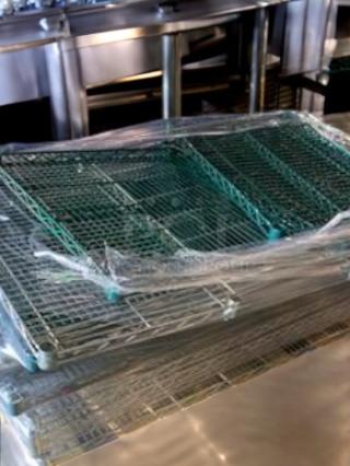 Three Metro Shelving chrome wire units with poles, fully tested, in great condition, ready for use, wrapped in plastic.