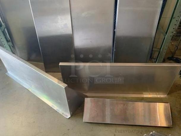 Lot of 7 stainless steel wall shelves with mounting brackets, pristine condition, heavy-duty, ready for installation.