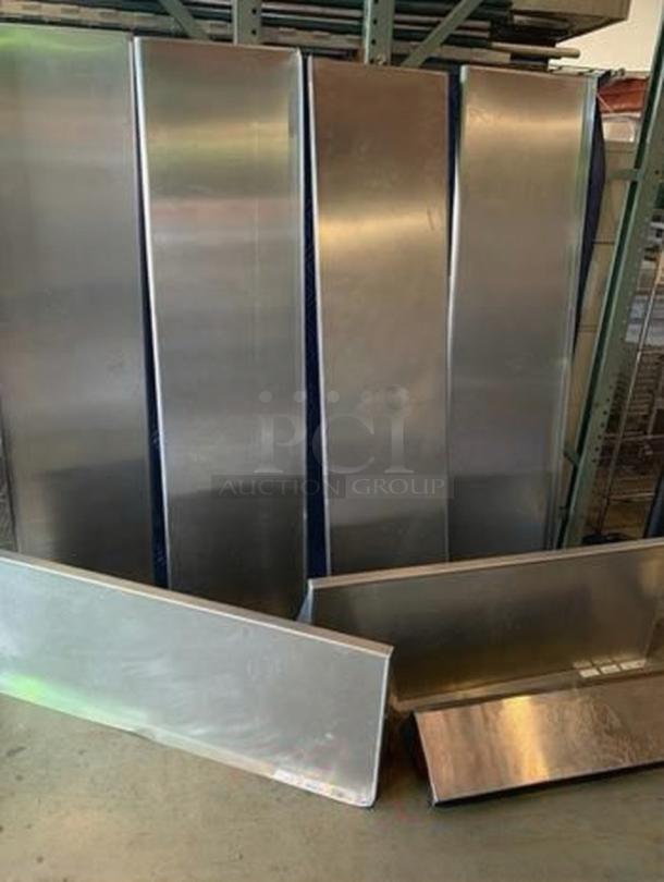 Lot of 7 stainless steel wall shelves in pristine condition with mounting brackets. Commercial-grade, heavy-duty design.