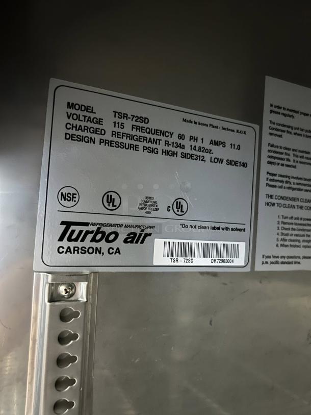 Turbo Air TSR-72SD-N label showing model details, voltage, refrigerant type, and manufacturing info. Excellent condition.
