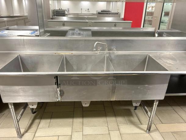 Stainless steel 3-compartment bakery sink with 22"x22" basins, heavy-duty construction, tested and working.