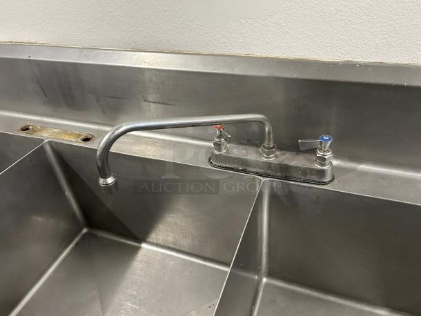 All stainless steel 3-compartment bakery sink with 22"x22" basins, heavy-duty, tested, working condition, dual faucets.