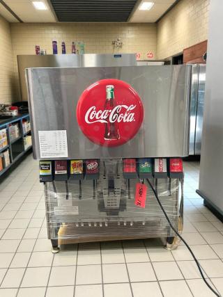 Lancer Model 85-4548H-111 countertop ice and drink dispenser, 250lb storage, cup fill, Coca-Cola branding, tested and working.