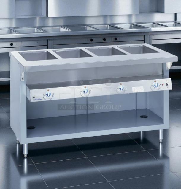 Rare Duke E-4-DLSS 60" hot food table, 4 wells, cutting board, 208V, tested, excellent condition, ideal for commercial use.