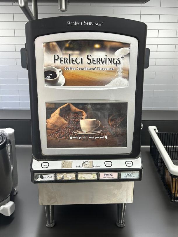 Perfect Servings UV-PSPD-5-AV-BL-CTL-B powder dispenser, excellent condition, coffee condiment labels visible, tested working.