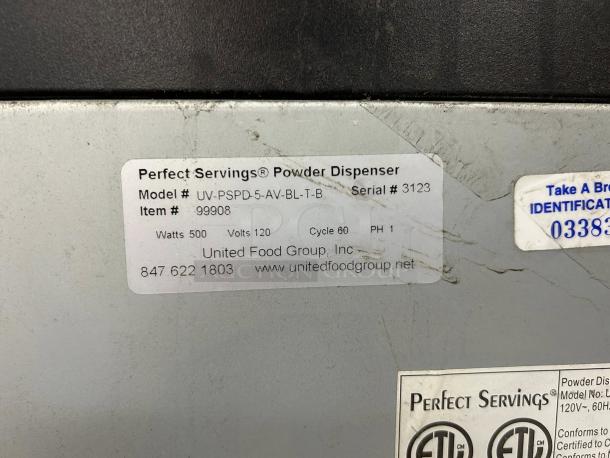 (x3) Perfect Servings UV-PSPD-5-AV-BL-CTL-B Powder Dispensers; excellent condition, tested and working, model and serial tags visible.