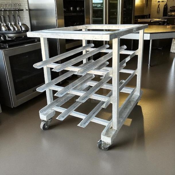 New Age half-size mobile aluminum can rack, excellent condition, for #10 & #5 cans, no cutting board, industrial setting.