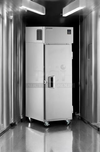 Delfield 6025XL-S single door reach-in refrigerator in superb condition, stainless steel finish, 115V, on casters.