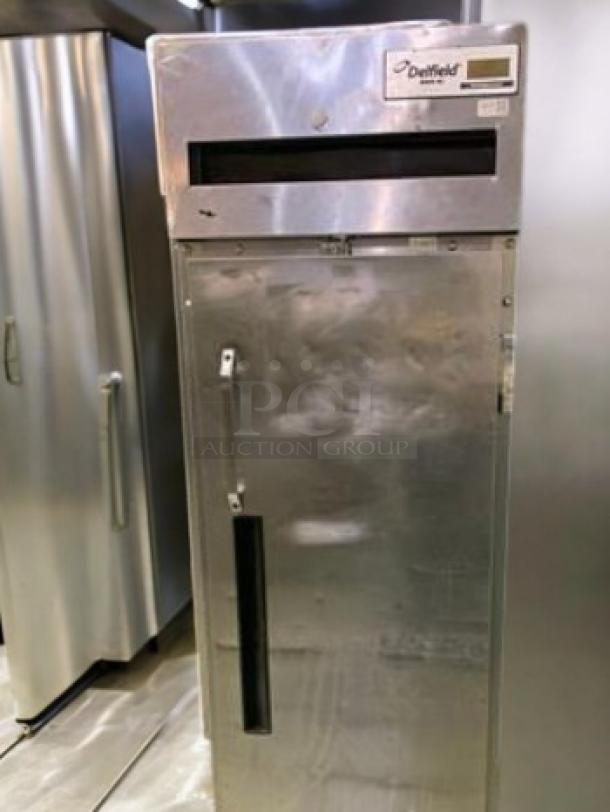 Delfield 6025XL-S single door reach-in refrigerator, superb condition, stainless steel, commercial model, 115V, fully tested, label visible.