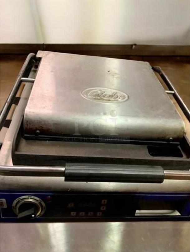 Globe GSG14D Deluxe Panini Grill in outstanding condition, stainless steel, 120V, fully tested, visible branding on lid.