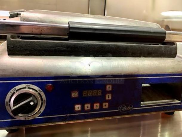 Globe GSG14D Deluxe Panini Grill in outstanding condition, 120V. Features temperature dial and digital display. Fully tested.
