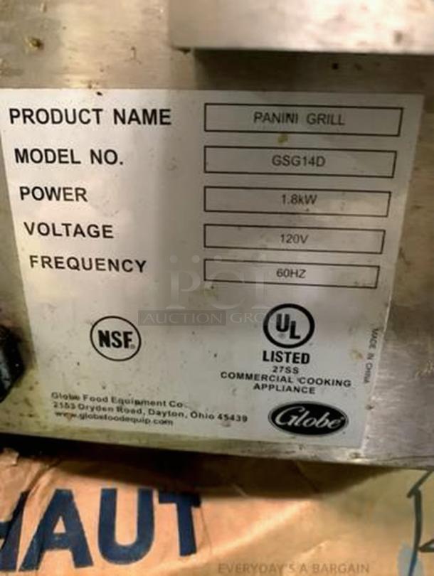 Label of Globe GSG14D Deluxe Panini Grill, shows model, power 1.8kW, voltage 120V, NSF and UL listed, in excellent condition.