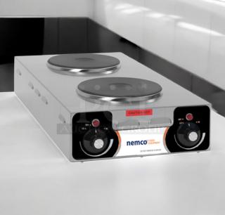 Nemco 6310-3 Double Burner Electric Hot Plate, superb condition, 240V, fully tested, "Caution Hot" label, durable design.