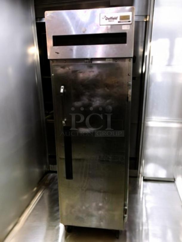 Delfield 6025XL-S single solid door reach-in refrigerator in outstanding condition, fully tested, showing logo and handle.