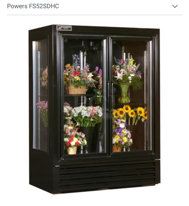 Immaculate Bush Refrigeration FS52GD, 2-door glass merchandiser, floral case, fully tested, 115V, Camden, NJ, USA.