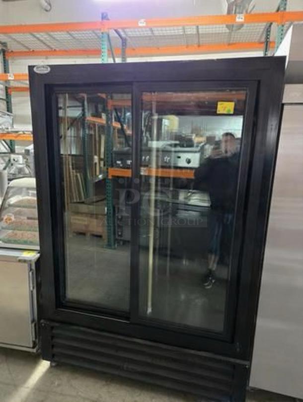 Immaculate Bush Refrigeration FS52GD, 2-door glass merchandiser, 115V, fully tested, Camden, NJ USA, black frame.