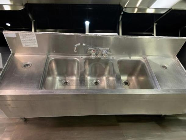 Commercial Stainless 3-compartment bar sink with faucet and drainboards, superb condition, 60"x19"x35", tested and cleaned.
