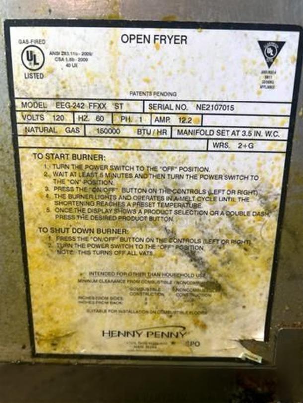 Henny Penny EEG-242 FFXX ST fryer label, showing model, serial number, natural gas specifications, and operational instructions.