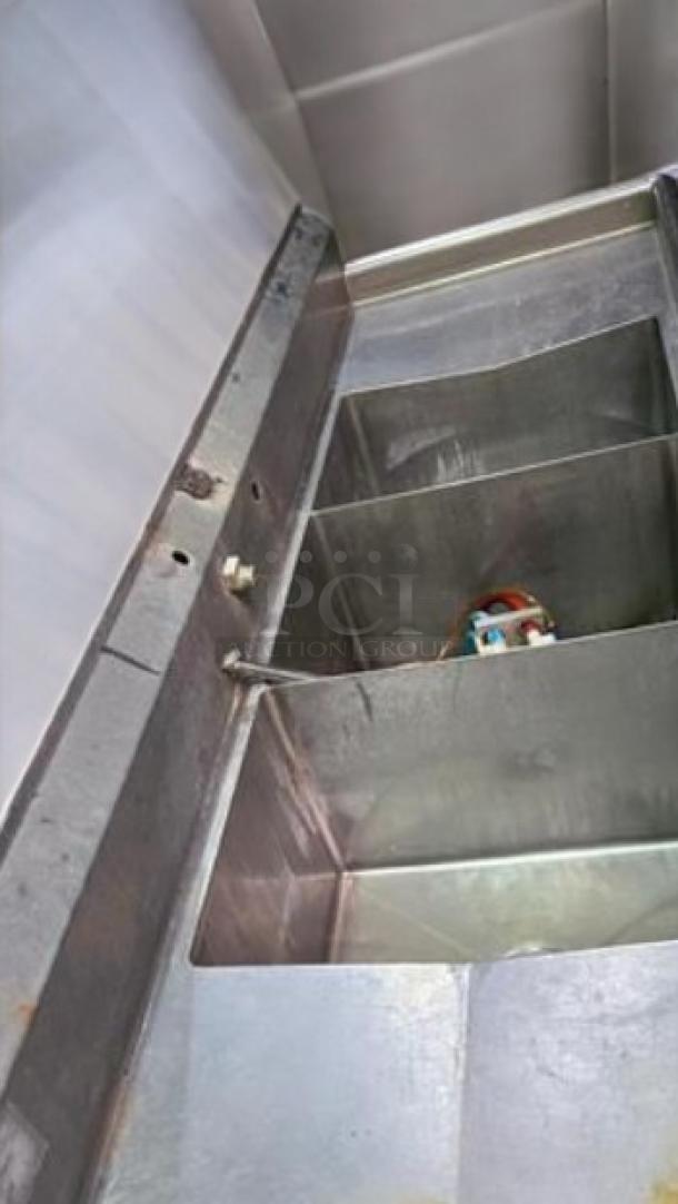 Stainless steel 3-compartment sink, excellent condition, faucet cutout, electrical access, 84"W x 27"D x 44"H, cleaned.