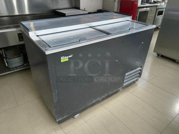 Turbo Air TBC-50SB-N6 50" bottle cooler, black, two solid sliding doors, tested and working, visible scratches.