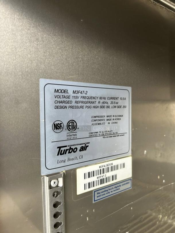 Turbo Air M3F47-2-N reach-in freezer label, showing model, voltage, refrigerant info, and certifications; excellent condition.
