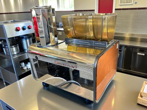 Thermoplan Mastrena II Espresso Machine, tested and working, 220V, 3-phase, with pump, steel and amber finish.