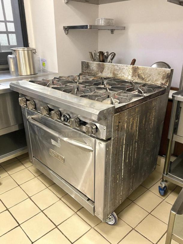 Royal Range RR-6 gas range, 36" with 6 burners, stainless steel, excellent condition. Tested and working.