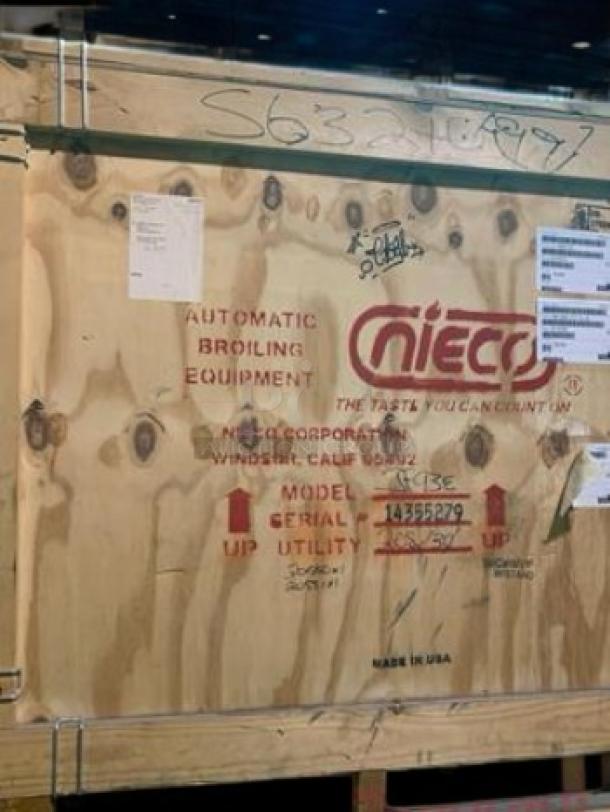 Brand new Nieco JF93E electric automatic broiler with stand in crate. Model and serial number visible; 208/230V, tested.
