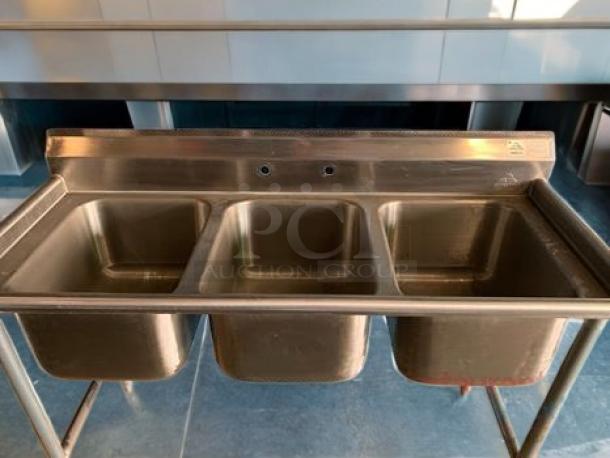 Advance Tabco T9-3-54 stainless steel 3-compartment sink with backsplash, brand new, NSF certified, durable finish.