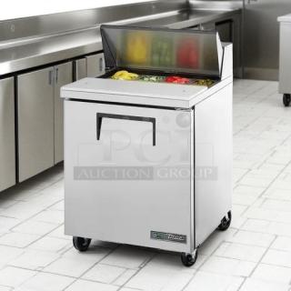 True TSSU-27-08 refrigerated prep table in excellent condition, featuring solid 1-door design and salad/sandwich prep area.