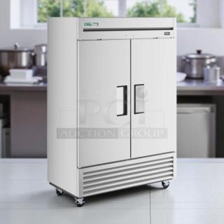 True T-49-HC 54 1/8" solid door reach-in refrigerator, tested and working. Dual doors, industrial design, caster wheels.