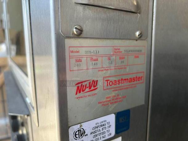 NU-VU SUB-123 convection oven and proofer tag, showing model, serial number, and specs as 240V, 1 phase, 28 amps. Excellent condition.