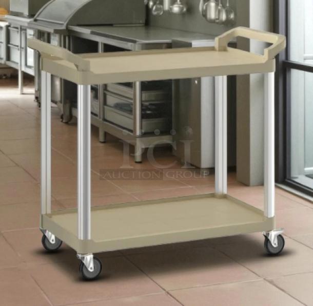 Brand new Choice beige utility/bussing cart, 2 shelves, 31" x 19", in original box, durable design, smooth wheels.