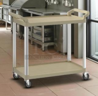 Brand new Choice beige utility/bussing cart, 2 shelves, 31" x 19", in original box, durable design, smooth wheels.