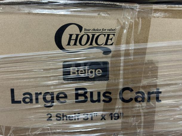 Brand New Choice Beige Utility Cart, 2 Shelves, 31"x19", in original box, visible label reads "Large Bus Cart."