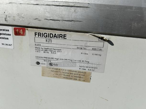 Kelvinator IK273 ice cream dipping cabinet label, showing model, serial number, voltage, and refrigerant details. In perfect condition.