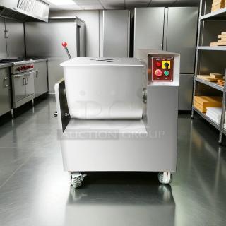 Atlantic Equipment BX70B meat filling mixer, 110V, fully tested, excellent condition. Features control panel, sturdy wheels.