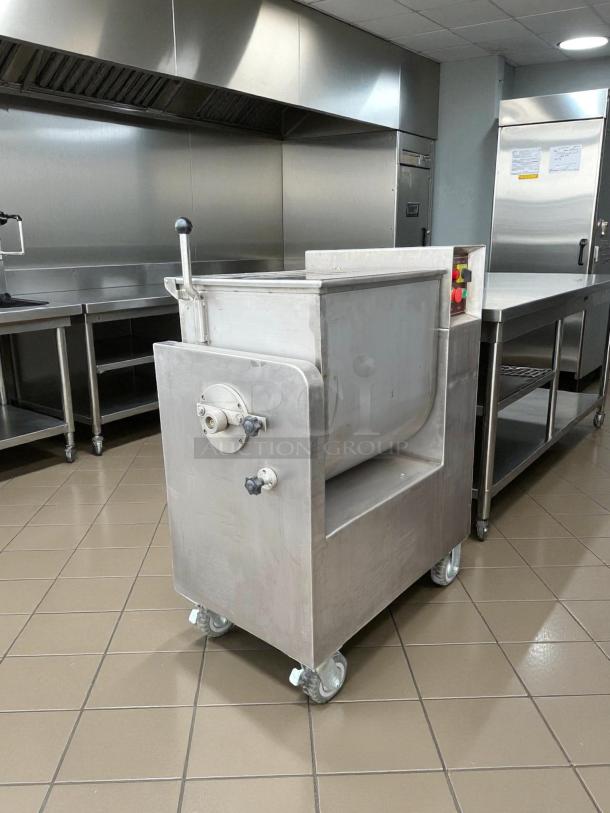 Atlantic Equipment BX70B meat filling mixer, 110V; features stainless steel body, control panel, levers, and wheels; fully tested.