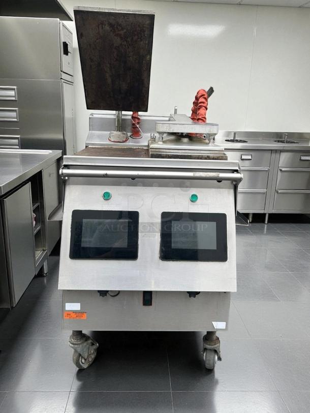 Garland XPG24 gas flat griddle, tested and working, with two control panels, sturdy build, on caster wheels for mobility.