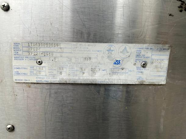Garland XPG24 X-Press Gas Griddle label, showing model and safety certifications. Used condition, tested and working.