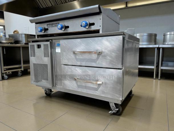 Randell FX-2WS-290 43 1/4" chef base with two drawers, stainless steel, excellent condition, 115v, tested and working.