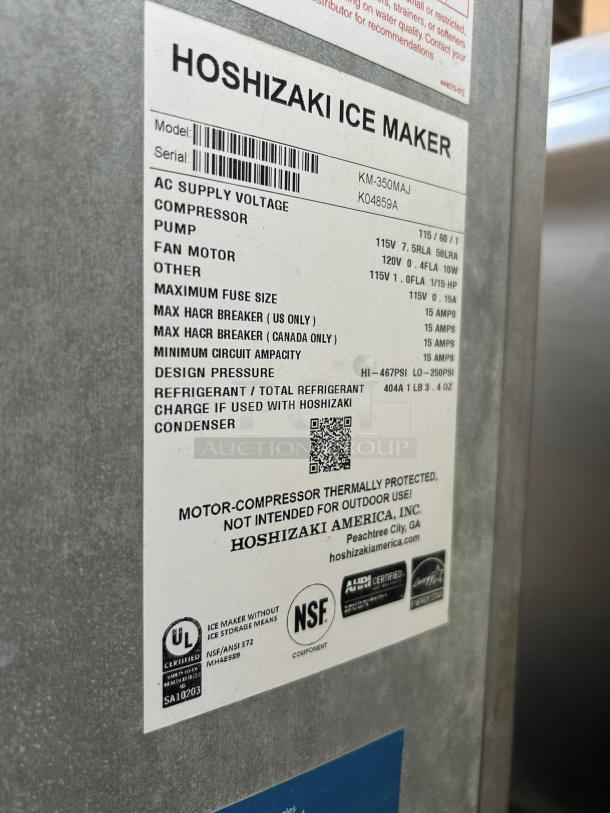 Hoshizaki KM-350MAJ ice maker label showing model, serial number, voltage specs, and certifications; excellent condition.