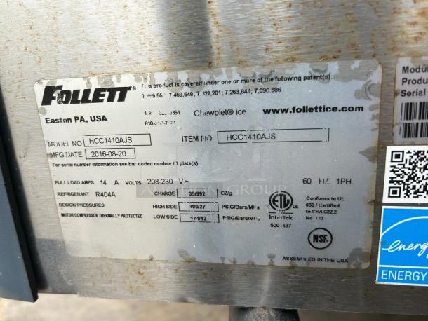Follett HCC1410AJS Horizon Elite ice machine ID plate. Shows model, manufacture date, refrigerant type, and electrical specs.