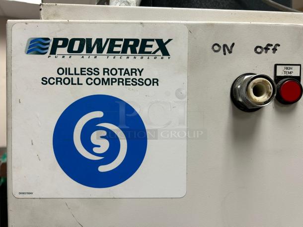 Powerex oilless rotary scroll compressor panel with on/off switch and high-temp button.