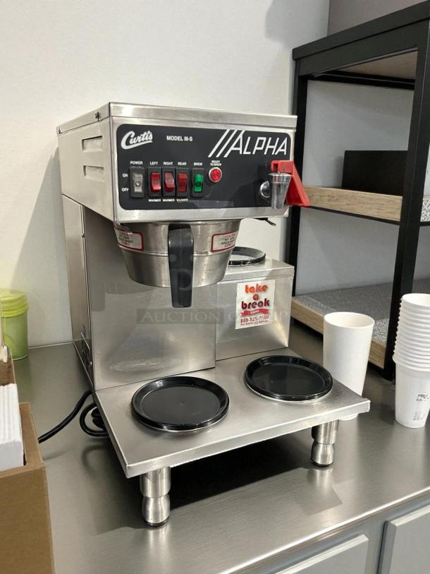 Wilbur Curtis Alpha-III-S commercial coffee brewer, 3 burners, hot water dispenser, tested and working, great condition.