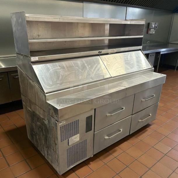 Randell 51368WPR refrigerator prep table, 4 drawers, stainless steel. Tested, working condition, includes top shelving.