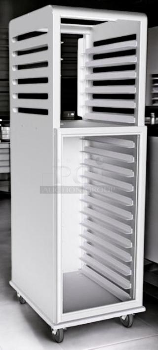 Brand new Lockwood aluminum sheet pan rack cabinet, model 1220-UN, 20 pan capacity, on casters, fully assembled.